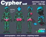 anthro biped bulge clothed clothing dipstick_tail fur hair hoodie male markings simple_background solo standing tail tail_markings text topwear rustyclawshot cypher_(diaperedglowwolf) canid canine canis mammal wolf 2015 digital_drawing_(artwork) digital_media_(artwork) english_text model_sheet