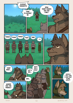 10_panel_comic abs anthro arm_wraps barefoot bottomwear brown_body brown_eyes brown_fur clearing cloak clothed clothing dialogue ellipsis facepalm feet forest frown fur green_cloak green_clothing green_eyes group harness jewelry male muscular necklace nipples outside page_number pants pecs pendant plant serious speech_bubble standing tassets text thinking topless topless_anthro topless_male tree worried wraps ghosty_cult far_beyond_the_world_(series) erof_(far_beyond_the_world) talisin_(far_beyond_the_world) canid canine canis mammal wolf comic english_text hi_res multiple_scenes url
