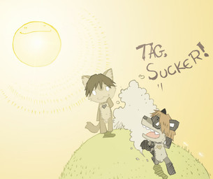:3 anthro big_head brown_hair day duo dust empty_eyes facial_markings fur grass grey_body grey_fur hair head_markings heart_symbol looking_at_another looking_back male markings mask_(marking) nipples nude open_mouth outside plant running sky smile standing sun tail tan_body tan_fur text tongue toony white_eyes ayato domestic_cat felid feline felis mammal procyonid raccoon english_text