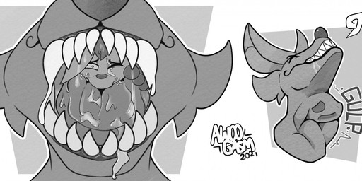 anthro bodily_fluids breath clenched_teeth duo eyes_closed fangs fur head_tilt head_tilted_back male mouth_closed neck_bulge open_mouth oral_vore saliva saliva_on_tongue saliva_string smile soft_vore swallowing teeth text tongue vore awoogasm ebony_(awoogasm) anubian_jackal canid canine canis jackal mammal 2021 headshot_portrait portrait signature