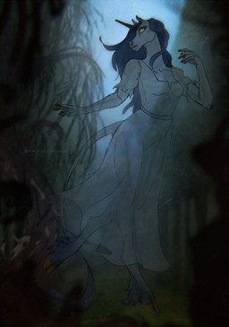 5_fingers anthro breasts clothed clothing detailed_background dress female fingers fur glowing glowing_eyes hair hooves horn long_hair looking_aside open_mouth outside plant sky solo topwear translucent translucent_body translucent_clothing unguligrade natalie_de_corsair mythology equid equine ghost mammal mythological_creature mythological_equine spirit unicorn 2022 digital_media_(artwork) hi_res