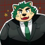 anthro clothing eyebrows fur green_body green_fur male necktie overweight smile solo suit thick_eyebrows sui6sweet lifewonders live_a_hero mokdai canid canine canis domestic_dog mammal 1:1