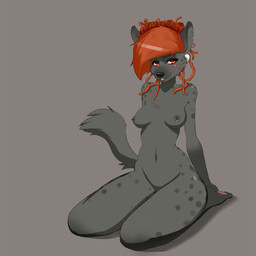 anthro dreadlocks ear_piercing female hair nipple_piercing nipples nude piercing red_hair solo spots regigi9 hyena mammal spotted_hyena hi_res