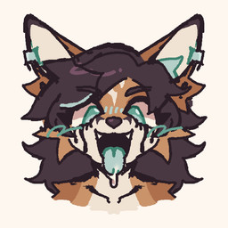anthro black_hair black_nose blue_eyes blue_tongue blush blush_lines bodily_fluids brown_body brown_fur collarbone cum cum_drip cum_in_mouth cum_inside cum_on_tongue dripping ear_tuft fangs female fur genital_fluids hair looking_at_viewer makeup mascara open_mouth running_makeup running_mascara simple_background smile solo teeth tongue tongue_out tuft white_background white_body white_fur kibblebytez canid mammal 1:1 2026 colored digital_drawing_(artwork) digital_media_(artwork) hi_res
