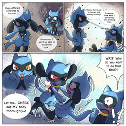 blue_body blush dialogue duo heterochromia red_eyes semi-anthro tail text toony yellow_eyes nintendo pokemon generation_4_pokemon pokemon_(species) riolu 1:1 comic english_text hi_res tagme