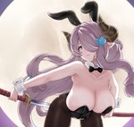 bent_over big_breasts breasts bunny_costume cleavage clothed clothing costume cuff_(restraint) fake_ears fake_rabbit_ears female horn huge_breasts melee_weapon not_furry restraints skimpy solo sword weapon wrist_cuffs teriton_(artist) cygames granblue_fantasy narmaya draph humanoid mammal