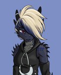 anthro blonde_hair blue_background blue_hair clothed clothing female hair hoodie horn horn_jewelry horn_ring jewelry lenore_skye nipple_outline piercing red_eyes ring_(jewelry) simple_background solo spikes spikes_(anatomy) topwear mythology lenore_skye_(character) kobold mythological_creature mythological_scalie scalie