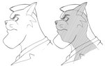 anthro big_chin cheek_tuft clothed clothed_anthro clothed_male clothing curved_eyebrows eyebrows facial_tuft fur fur_tuft hair looking_aside male male_anthro mature_anthro mature_male mouth_closed pointy_ears prick_ears serious short_hair side_view snout solo thick_neck topwear tuft whiskers x-ray_vision dbaru hanna-barbera swat_kats commander_feral domestic_cat felid feline felis mammal 2023 digital_drawing_(artwork) digital_media_(artwork) hi_res monochrome