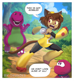 anthro ben_day_dots biped breasts chasing claws clothed clothed_anthro clothed_female clothing cloud day feet female fingers fur group machine male nude nude_anthro nude_male outside plant running running_away sky smile tail teeth toes tongue tree trio imanika barney_and_friends gameoverse glitch_productions pbs barney_the_dinosaur gobbles_(gameoverse) kaboodle_(gameoverse) kit_bodega dinosaur domestic_cat felid feline felis mammal prehistoric_species reptile robot scalie 2026 crossover digital_drawing_(artwork) digital_media_(artwork)