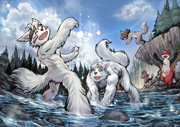 accessory animal_genitalia animal_penis anthro bathing casual_nudity fur genitals group headband homepage kemono male male/male nude outside penis skinny_dipping swimming wet wet_body wet_fur white_body white_fur furry-wolf-artist colours_(colouringbook) canid canine canis mammal wolf absurd_res hi_res