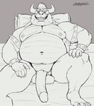 anthro armband balls bed bed_sheet bedding belly big_balls big_belly big_penis claws collar double_chin erection finger_claws furniture genitals glans hand_on_leg horn leather leather_armband leather_bracelet looking_at_viewer lying lying_on_bed male moobs navel nipples nude obese obese_anthro obese_male on_back on_bed open_mouth overweight overweight_anthro overweight_male pecs penis pillow shell smile smiling_at_viewer solo spiked_collar spikes teeth toe_claws papyreit mario_bros nintendo bowser koopa scalie hi_res