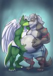 age_difference anthro beard clothed clothing duo facial_hair feathered_wings feathers fur green_body green_fur grey_body grey_fur hair kissing male male/male pregnant pregnant_anthro pregnant_male tail underwear underwear_only white_hair wings randomgirl1265 mythology brianogrowler_(character) canid canine canis dragon mammal mythological_creature mythological_scalie scalie wolf expecting father_(lore) grandparent_(lore) parent_(lore)