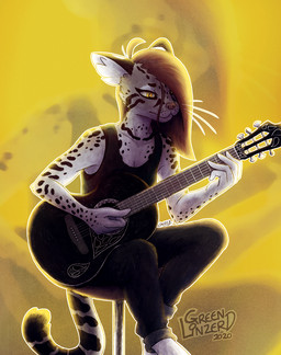 acoustic_guitar anthro bra breasts cleavage clothed clothing female fully_clothed guitar hair long_hair musical_instrument playing_guitar playing_music plucked_string_instrument red_hair shirt simple_background sitting solo string_instrument tank_top topwear underwear yellow_background yellow_eyes conditional_dnp greenlinzerd gabriela_(greenlinzerd) felid feline leopardus mammal ocelot 2020 hi_res signature story story_in_description yellow_theme