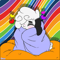 anthro bedding black_ears blanket blush chibi female fur hair rainbow rainbow_background simple_background solo toony white_body white_fur white_hair white_wool wool_(fur) zatira bovid caprine domestic_sheep mammal sheep 1:1 2024 english_description signature