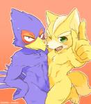 anthro blue_body blue_feathers duo feathers male male/male nude kemo_nuko nintendo star_fox falco_lombardi fox_mccloud avian bird canid canine fox mammal low_res