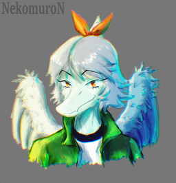 amber_eyes anthro blue_body bone_frill clothed clothing eyebrow_through_hair eyebrows feathered_wings feathers female frill_(anatomy) green_clothing green_jacket green_topwear grey_background grey_body grey_feathers grey_hair hair jacket looking_at_viewer medium_hair narrowed_eyes open_clothing open_jacket open_topwear shirt simple_background smile smirk solo text topwear translucent translucent_hair white_clothing white_shirt white_topwear wings young young_anthro young_female nekomuro cavemanon_studios snoot_game amber_(snoot_game) prehistoric_species pterosaur reptile scalie absurd_res artist_name bust_portrait colored hi_res portrait shaded