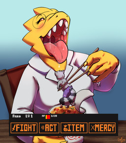 anthro bodily_fluids bottomwear breasts buccinator chair chopsticks claws clothing coat dripping duo eyes_closed eyewear female finger_claws food furniture gaping_mouth glasses grey_body imminent_vore instant_noodles lab_coat male markings noodles open_mouth open_smile palate_ridges pants pawpads paws pink_tongue saliva saliva_drip saliva_string sharp_teeth smile snout striped_markings striped_tail stripes tabletop tail tail_markings teeth throat tongue tongue_out topwear user_interface uvula vore yellow_body yellow_skin trickster.puppy undertale_(series) ruka_(raccoonvandal) lizard mammal procyonid raccoon reptile scalie dated