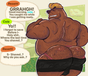 >:) anthro armor balls black_bottomwear black_clothing black_pants bottomwear brown_body brown_fur clothing cloud detailed_background fur genitals hairy hard_hat headgear helmet jockstrap male musclegut muscular muscular_male pants pink_clothing pink_jockstrap pink_underwear profanity simple_background solo speech_bubble text underwear yelling_at_another crococola animal_crossing nintendo mr._resetti eulipotyphlan mammal mole_(animal) artist_name english_text