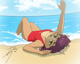 anthro beach breasts clothing female looking_at_viewer lying on_back one-piece_swimsuit small_breasts solo swimwear deviantstyle diana_caproni_(on_your_tail) bovid caprine goat mammal 5:4 hi_res
