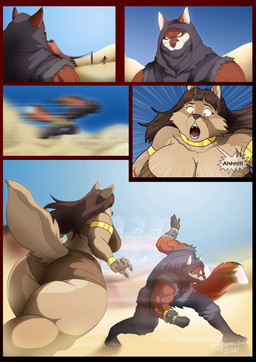 5_fingers anthro big_breasts big_butt black_nose bottomwear breasts brown_hair brown_nose butt clothed clothed_anthro clothed_female clothed_male clothing desert dialogue duo fangs female fingers footwear fur hair hood huge_breasts humanoid_hands male multicolored_body multicolored_fur muscular muscular_anthro muscular_male panties red_body red_fur running sand shocked speech_bubble tan_body tan_fur teeth tent text thick_thighs topwear two_tone_body two_tone_fur underwear white_body white_fur wide_hips xxsparcoxx acarius_medjay nineveh_(xxsparcoxx) teofacio_larna canid canine canis fox jackal mammal red_fox true_fox 2021 absurd_res comic digital_media_(artwork) hi_res