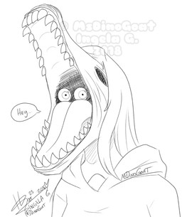 anthro clothing dialogue disembodied_eyes female gaping_mouth gums hair hoodie long_hair open_mouth palate_ridges sharp_teeth solo speech_bubble teeth tongue topwear dinogoat beetlejuice donna_(sashashark) alligator alligatorid crocodilian reptile scalie 2018 monochrome signature sketch