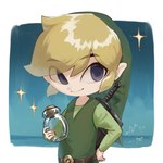 belt blonde_hair bottle clothing container hair hat headgear headwear holding_bottle holding_container holding_object humanoid_pointy_ears light_body light_skin male not_furry pointy_ears shirt simple_background solo topwear tunic bwm_dagekiiizo nintendo the_legend_of_zelda wind_waker toon_link humanoid hylian 1:1