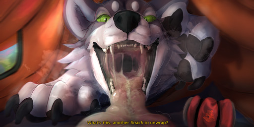 anthro bodily_fluids breath claws dialogue green_eyes imminent_vore inside_tent male saliva solo teeth tent throat tongue nolow canid canine canis mammal wolf 2022 absurd_res hi_res
