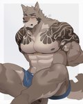 4:5 abs absurd_res anthro bdsm biceps blue_clothing bondage bound bulge canid canine clothed clothing crossed_legs eyebrows facial_hair fur hachi_duchi hi_res male mammal muscular muscular_anthro muscular_male nipples notched_ear pecs restraints rope rope_bondage solo