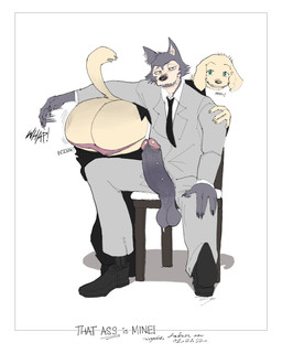 anthro anthro_on_anthro balls bent_over big_butt big_penis bodily_fluids bottomwear bottomwear_down bouncing_sound_effect bubble_butt butt butt_jiggle butt_slap chair claws clothed clothing collared_shirt contact_onomatopoeia different_sound_effects dress_shirt duo erection footwear fur furniture genitals huge_butt huge_penis humanoid_genitalia humanoid_penis impact_onomatopoeia jacket jiggling looking_at_viewer male male/male motion_lines motion_onomatopoeia necktie onomatopoeia pants pants_down partially_clothed penis photo saggy_balls shirt shoes simple_background sitting slap smile sound_effects spanking standing suit sweat text topwear tuft underwear underwear_down unzipped vowelless vowelless_vocalization whap white_background zipper kayacoma beastars jack_(beastars) legoshi_(beastars) bird_dog canid canine canis domestic_dog hunting_dog labrador mammal retriever wolf 2022 english_text hi_res