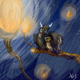 ambiguous_gender black_body black_feathers brown_body brown_feathers duo eye_contact feathered_wings feathers feral lights looking_at_another perching size_difference sky wing_around_another wings orionstar guardians_of_ga'hoole fan_character avian bird elf_owl great_horned_owl horned_owl owl true_owl 1:1 2010 digital_media_(artwork) digital_painting_(artwork) painting_(artwork) shaded