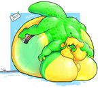 anthro belly big_belly big_breasts big_butt blonde_hair breasts butt featureless_breasts female green_body green_eyes hair hose hose_inflation huge_belly huge_breasts hyper hyper_belly hyper_breasts immobile liquid_inflation lying_on_self multicolored_body nude questionable_consent resting_on_belly solo sound_effects text water_inflation yellow_body lazygartuz rocio_(lazygartuz) scalie unknown_species