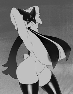 anthro areola areola_slip big_breasts breast_curtains breasts clothing female genitals hands_behind_head huge_breasts legwear legwear_only looking_at_viewer mostly_nude naturally_censored naturally_censored_breasts nipple_outline one_eye_closed raised_arms short_tail side_view smile solo squish standing tail thick_thighs thigh_highs thigh_highs_only thigh_squish vulva brohnka nintendo pokemon felid feline generation_9_pokemon mammal meowscarada pokemon_(species) digital_media_(artwork) hi_res monochrome portrait three-quarter_portrait