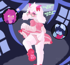 2_horns 5_fingers accessory alternate_species ambiguous_gender anime_nosebleed anthro armor biped blood blush bodily_fluids bottomwear bow_ribbon bulge bulge_from_behind butt butt_focus clothed clothing clothing_lift coat crossdressing crossdressing_male cute_fangs dress embarrassed exclamation_point eyeshadow eyewear fangs female femboy fingers fluffy frilly frilly_bottomwear frilly_clothing frilly_dress frilly_panties frilly_underwear fur furgonomics furrification gauntlets gesture glasses gloves hair hand_gesture handwear head_tuft horizontal_pupils horn horn_accessory horn_ribbon leotard lolita_dress looking_back makeup male male_anthro multicolored_clothing nervous nervous_smile nervous_sweat nosebleed open_mouth panties panty_shot pawpad_shoes pink_clothing pink_eyes pink_eyeshadow pink_horn pink_panties pink_underwear presenting presenting_hindquarters pupils purple_body purple_hair purple_scales raised_bottomwear raised_clothing raised_skirt reaction_shot red_scarf ribbons scales scarf shaking shocked short_tail simple_background skirt skirt_lift sweat tail tears teeth text thumbs_up topwear trembling tuft underwear white_body white_fur yellow_eyes yellow_teeth young yashak deltarune mythology undertale_(series) kris_dreemurr ralsei susie_(deltarune) bovid canid canine canis caprine darkner dragon goat mammal mythological_creature mythological_scalie reptile scalie wolf 2026 absurd_res hi_res