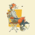 anthro black_eyes bottomwear chair clothing fur furniture geometric_background male on_chair orange_body orange_fur shorts simple_background sitting sitting_on_chair slim_anthro slim_male solo white_body white_fur serpent_x canid canine fox mammal 1:1 2024 signature