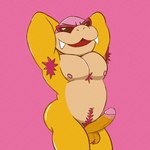 anthro armpit_hair balls body_hair erection eyewear genitals hands_behind_head humanoid_genitalia humanoid_penis male musclegut muscular nipples nude pecs penis pink_background pose pubes raised_arms simple_background smug solo sunglasses kkun0056 mario_bros nintendo koopaling roy_koopa 1:1 hi_res