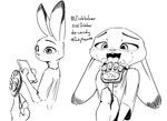 anthro blush cellphone disembodied_hand duo electronics female food fur holding_cellphone holding_object holding_phone pawpsicle phone popsicle text judyhopps44 disney inktober zootopia judy_hopps lagomorph leporid mammal rabbit 2021 english_text hi_res monochrome