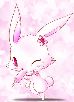 blush cherry cherry_blossom eyelashes female feral flower food fruit fur gem jewelry necklace one_eye_closed plant popsicle prunus_(flower) simple_background solo star stick white_body white_fur wink aru-wai-o jewelpet sanrio sega sega_fave ruby_(jewelpet) hare japanese_hare lagomorph leporid mammal
