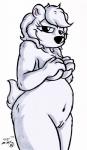 2017 anthro bear breasts covering covering_breasts covering_self david_hopkins female fur genitals half-closed_eyes hand_on_breast hi_res looking_at_viewer mammal narrowed_eyes navel nude polar_bear portrait pussy simple_background slightly_chubby smile solo standing three-quarter_portrait ursine white_background white_body white_fur