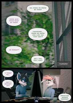anthro black_hair blue_body blue_fur building chair clothing dialogue electronics female fur furniture green_eyes hair male monitor office office_chair pink_hair plant purple_eyes shirt speech_bubble t-shirt text topwear tree typing white_body white_fur window willitfit striped_sins oliver_(striped_sins) ryder_(striped_sins) 3d_(artwork) comic digital_media_(artwork) english_text hi_res url