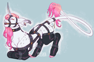 ambiguous_gender bdsm bit_gag bondage bound collar feral fur gag glistening hair halter harness harness_bit_gag harness_gag horn latex muzzle_(object) muzzled orange_eyes pink_hair restrained solo white_body white_fur smooshkin mythology equid equine mammal mythological_creature mythological_equine unicorn 2020 digital_media_(artwork)