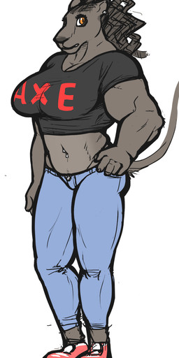 amber_eyes anthro biceps big_breasts big_chest black_clothing black_nose black_shirt black_topwear bottomwear breasts broad_shoulders cleavage clothed clothing denim denim_bottomwear denim_clothing dreadlocks ear_piercing female footwear hair jeans looking_at_viewer makeup mascara midriff muscular muscular_anthro muscular_arms muscular_female navel navel_piercing pants piercing shirt simple_background solo thick_arms tight_clothing topwear white_background ritts rochelle_barnette felid lion mammal pantherine