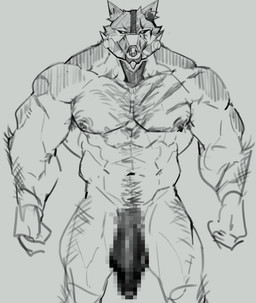 abs anthro biceps black_sclera body_hair broad_shoulders censored_genitalia censored_penis chest_hair chest_scar happy_trail looking_at_viewer male muscular muscular_anthro muscular_male muzzle_(object) navel nipples pecs pixelated scar solo standing dendryte_axxon mihoyo zenless_zone_zero romeul_(zenless_zone_zero) canid canine canis mammal wolf censored monochrome sketch unfinished