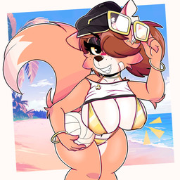 anthro ball beach big_breasts bikini black_nose bracelet breasts brown_hair cheek_tuft clothing cloud detailed_background dipstick_tail eyebrows eyelashes eyewear facial_tuft female freckled_face freckled_shoulders freckles fur glasses gold_bikini hair hair_over_eye hat headgear headwear holding_ball holding_object jewelry legs_together long_hair looking_at_viewer markings multicolored_body multicolored_fur navel outside palm_tree plant sand seaside shirt sky smile solo standing swimwear tail tail_markings tan_body tan_fur tank_top teeth topwear tree tuft two-piece_swimsuit two_tone_body two_tone_fur volleyball_(ball) water white_body white_fur wireless_shiba golden_week canid canine fox mammal 1:1 2026 absurd_res hi_res