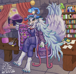 ankle_tuft anthro big_breasts big_tail book bookshelf bra breasts cheek_tuft chemicals chest_tuft cleavage clothed clothing coat curtains eyebrows eyewear facial_tuft family_photo female foot_tuft fur furniture glasses green_eyes grin grinning_at_viewer heel_tuft inner_ear_fluff large_hair leg_tuft magic_user moon mortar_and_pestle night object_between_breasts open_clothing open_robe paper plant plant_pot potion potted_plant powder purple_clothing purple_clouds raised_eyebrows ring robe sash sitting smile smiling_at_viewer solo steam tail topwear tuft underwear white_body white_fur witch go-two arctic_fox canid canine fox mammal true_fox absurd_res hi_res