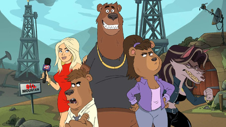 anthro belt black_nose blonde_hair bottomwear brown_body brown_fur brown_hair clothed clothed_female clothing crossed_arms detailed_background dress electronics female fur group grumpy hair jacket jewelry long_hair looking_at_another looking_at_viewer male microphone mountain necklace necktie nervous nervous_smile news news_reporter oil oil_rig open_mouth pants ponytail red_clothing red_dress reporter shirt size_difference t-shirt teeth topwear white_body unknown_artist breaking_bear tubi bear canid canine canis human mammal wolf 16:9 hi_res widescreen