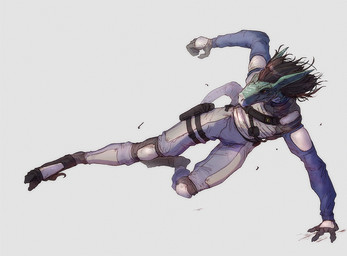 anthro armor biped black_hair bottomwear claws clothed clothing digitigrade feet footwear gloves green_body hair handwear male pants shirt shoes sickle_claw simple_background solo tail thigh_pouch toe_claws topwear lethal_doors leo_(maaarked_one) durachev lizard reptile scalie digital_media_(artwork)