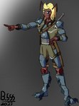 antennae_(anatomy) anthro armor bandolier black_sclera blonde_hair bottomwear breastplate clothing gesture greaves green_clothing green_jacket green_topwear grey_background hair hand_gesture jacket loincloth looking_away male mandibles medium_hair pointing pupils red_body red_skin scabbard shorts shoulder_armor simple_background solo topwear white_pupils dekumemer campo_brina_(dekumemer) animal_humanoid ant arthropod arthropod_humanoid banded_sugar_ant humanoid hymenopteran insect insect_humanoid cel_shading hi_res shaded