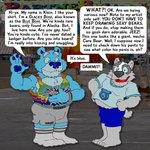 allcaps anthro barefoot black_text blue_body blue_bottomwear blue_clothing blue_eyes blue_fur blue_nose blue_pawpads blue_sclera blue_shirt blue_shorts blue_t-shirt blue_tank_top blue_topwear bottomwear bulge clothing detailed_bulge dialog_balloon duo feet footwear fur genital_outline green_clothing green_shirt green_tank_top green_topwear grey_bottomwear grey_clothing grey_shorts hand_on_belly hand_to_side klein_(brucebadger) male male/male multicolored_clothing multicolored_shirt multicolored_tank_top multicolored_topwear open_mouth open_smile orange_clothing orange_shirt orange_tank_top orange_topwear pawpads penis_outline print_clothing print_shirt print_t-shirt print_topwear purple_clothing purple_shirt purple_tank_top purple_topwear rainbow_clothing rainbow_shirt rainbow_tank_top rainbow_topwear red_clothing red_shirt red_tank_top red_topwear shirt shorts smile socks t-shirt tank_top teeth_showing text tie-dye topwear underline white_clothing white_footwear white_socks yellow_clothing yellow_shirt yellow_tank_top yellow_topwear brucebadger bruce_(brucebadger) 1:1 english_text hi_res