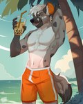 anthro beach beverage blue_eyes chest_tuft clothed clothing hair looking_at_viewer male palm_tree plant sea solo swimwear topless tree tuft water white_hair kaionart hyena mammal hi_res