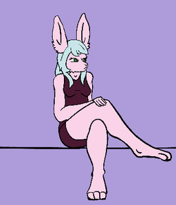 anthro clothing crossed_legs female genitals looking_at_viewer male solo spread_legs spreading voyeur vulva kitsunitachi lagomorph leporid mammal rabbit animated low_res